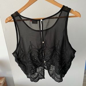 Sheer black tank top with lacy detailing